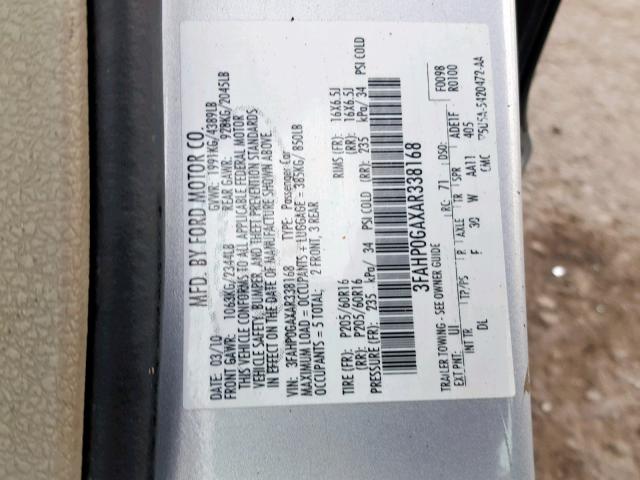 3FAHP0GAXAR338168 - 2010 FORD FUSION S SILVER photo 10