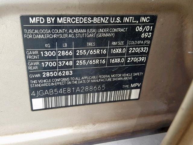 4JGAB54E81A288665 - 2001 MERCEDES-BENZ ML 320 GOLD photo 10