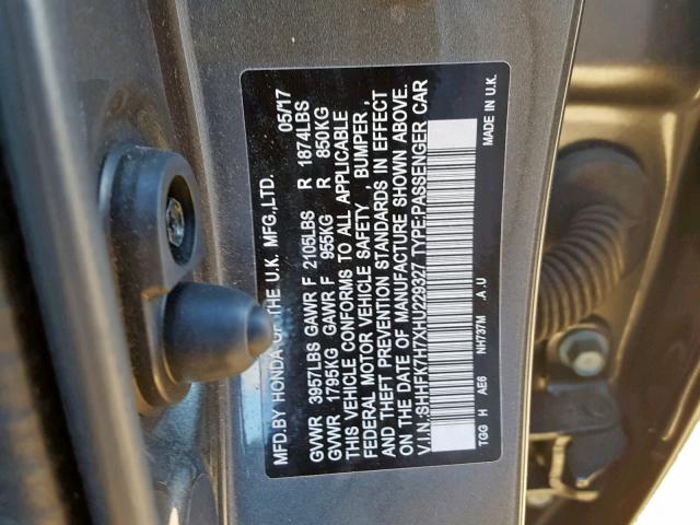 SHHFK7H7XHU229327 - 2017 HONDA CIVIC EXL GRAY photo 10