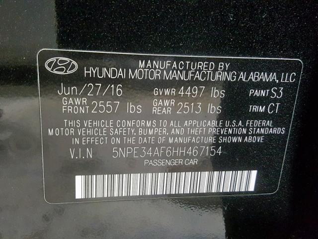 5NPE34AF6HH467154 - 2017 HYUNDAI SONATA SPO BLACK photo 10