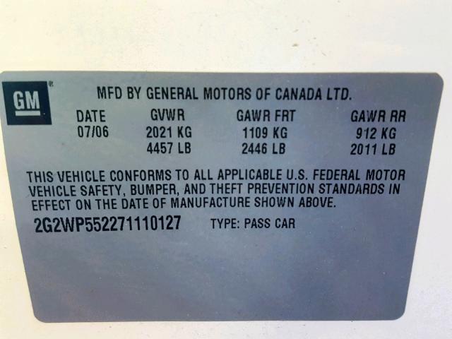 2G2WP552271110127 - 2007 PONTIAC GRAND PRIX WHITE photo 10