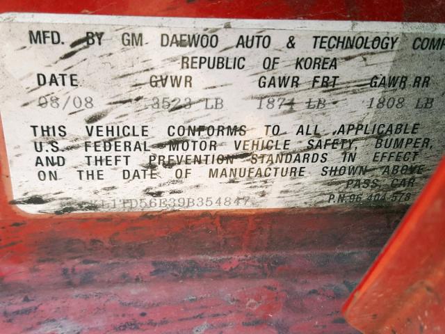 KL1TD56E39B354847 - 2009 CHEVROLET AVEO LS RED photo 10