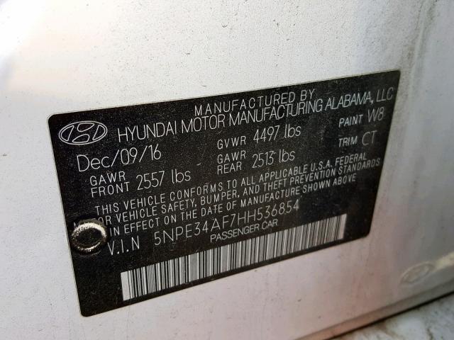 5NPE34AF7HH536854 - 2017 HYUNDAI SONATA SPO WHITE photo 10