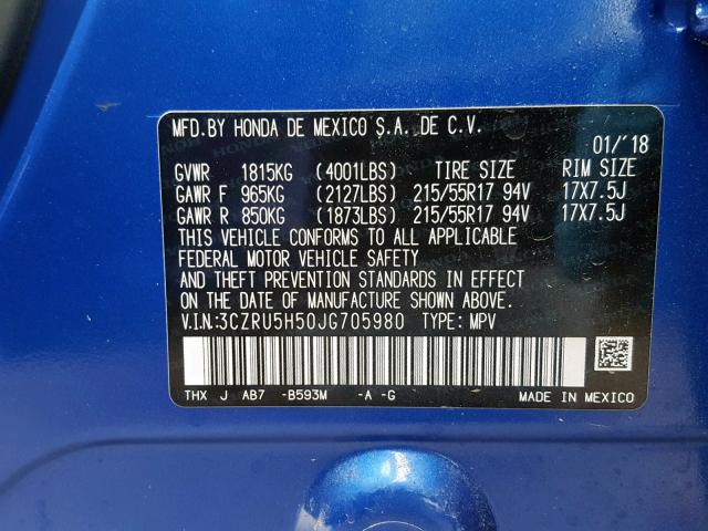 3CZRU5H50JG705980 - 2018 HONDA HR-V EX BLUE photo 10