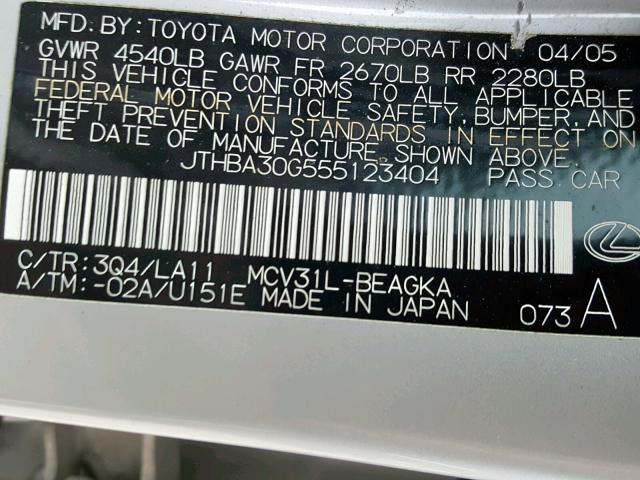 JTHBA30G555123404 - 2005 LEXUS ES 330 SILVER photo 10