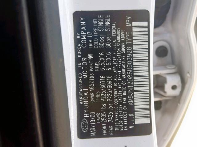 KM8JN12D88U903928 - 2008 HYUNDAI TUCSON SE WHITE photo 10