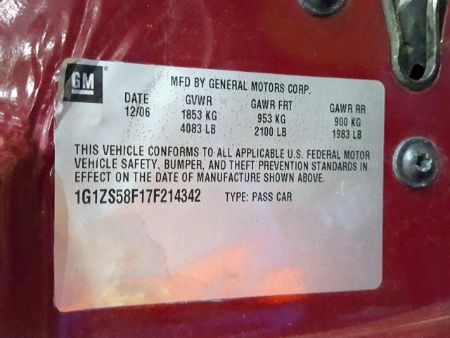 1G1ZS58F17F214342 - 2007 CHEVROLET MALIBU LS RED photo 10