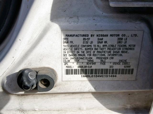 1N4DL01D4WC151494 - 1998 NISSAN ALTIMA XE WHITE photo 10