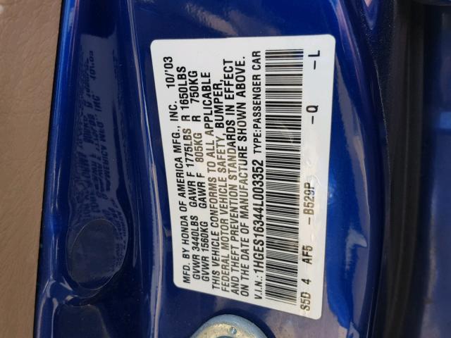 1HGES16344L003352 - 2004 HONDA CIVIC DX V BLUE photo 10