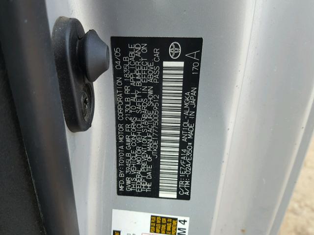 JTKDE177750059512 - 2005 TOYOTA SCION TC ვერცხლისფერი ფოტო 10