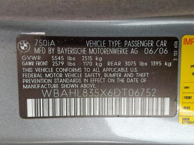 WBAHL835X6DT06752 - 2006 BMW 750 I GRAY photo 10