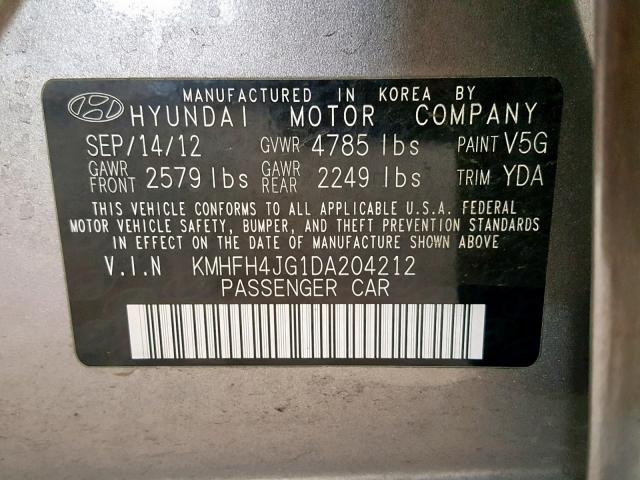 KMHFH4JG1DA204212 - 2013 HYUNDAI AZERA GLS GRAY photo 10