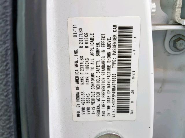 1HGCP2F49BA078855 - 2011 HONDA ACCORD LXP WHITE photo 10