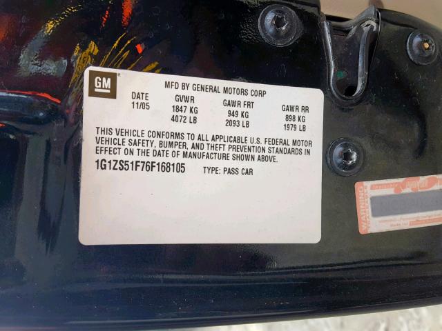 1G1ZS51F76F168105 - 2006 CHEVROLET MALIBU LS Negro foto 10