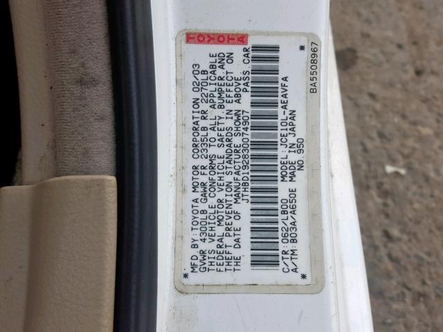 JTHBD192830074907 - 2003 LEXUS IS 300 WHITE photo 10