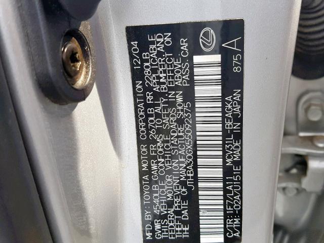 JTHBA30GX55092375 - 2005 LEXUS ES 330 SILVER photo 10