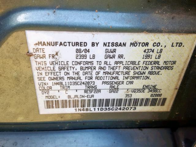 1N4BL11D35C242073 - 2005 NISSAN ALTIMA SE GREEN photo 10