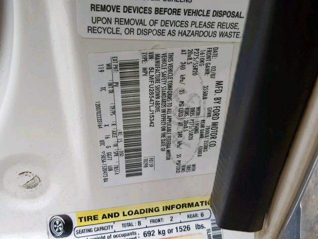 5LMFU28547LJ15342 - 2007 LINCOLN NAVIGATOR 白色 照片 10