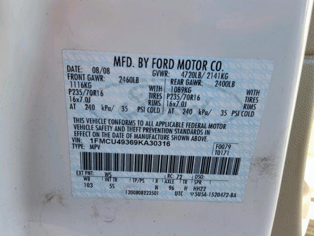 1FMCU49369KA30316 - 2009 FORD ESCAPE HYB WHITE photo 10