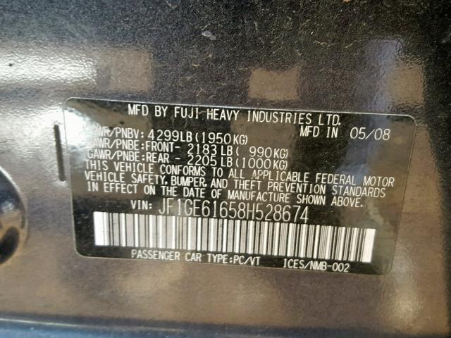 JF1GE61658H528674 - 2008 SUBARU IMPREZA GRAY photo 10