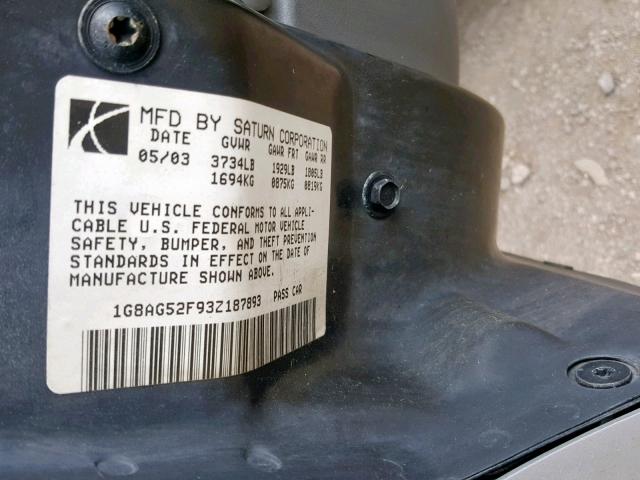 1G8AG52F93Z187893 - 2003 SATURN ION LEVEL SILVER photo 10