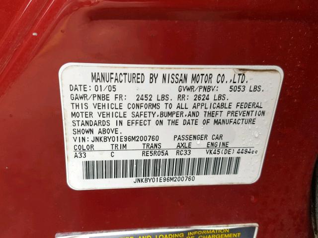 JNKBY01E96M200760 - 2006 INFINITI M45 BASE RED photo 10