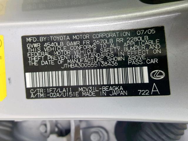 JTHBA30G555138436 - 2005 LEXUS ES 330 SILVER photo 10