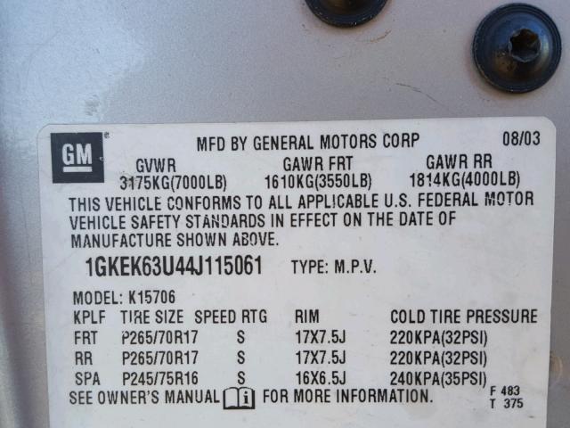 1GKEK63U44J115061 - 2004 GMC YUKON DENA TAN photo 10