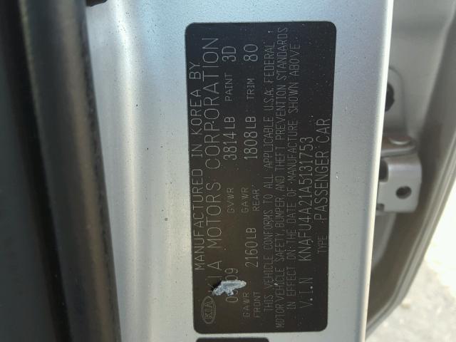 KNAFU4A21A5131753 - 2010 KIA FORTE EX SILVER photo 10