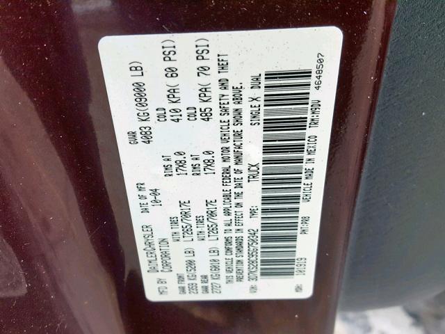 3D7KS28C95G750342 - 2005 DODGE RAM 2500 S მუქწითელი ფოტო 10