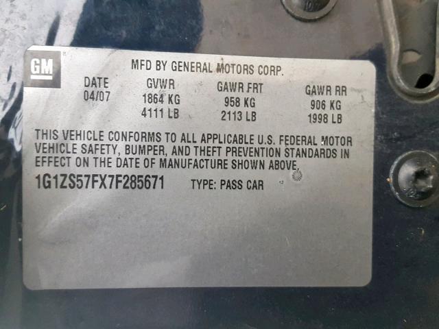 1G1ZS57FX7F285671 - 2007 CHEVROLET MALIBU LS BLUE photo 10