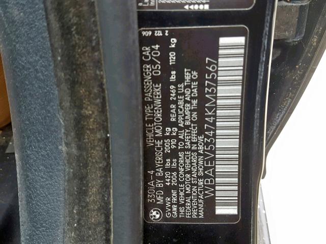 WBAEV53474KM37567 - 2004 BMW 330 I BLACK photo 10