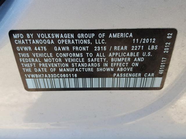 1VWBH7A33DC060116 - 2013 VOLKSWAGEN PASSAT SE SILVER photo 10