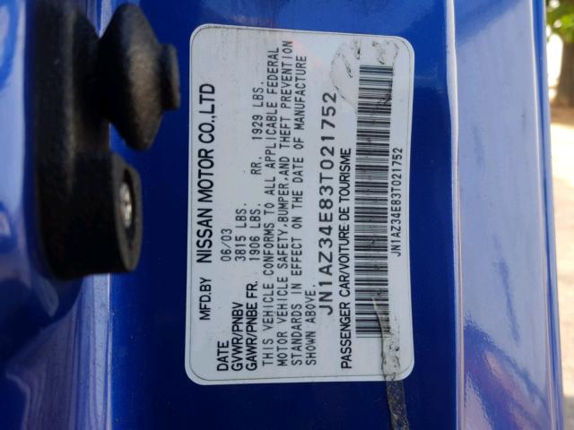 JN1AZ34E83T021752 - 2003 NISSAN 350Z COUPE BLUE photo 10