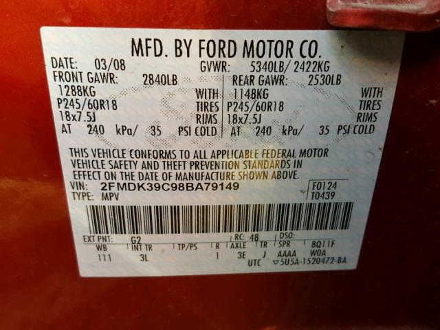 2FMDK39C98BA79149 - 2008 FORD EDGE LIMIT RED photo 10