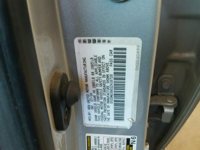 5Y2SM63865Z418728 - 2005 PONTIAC VIBE SILVER photo 10