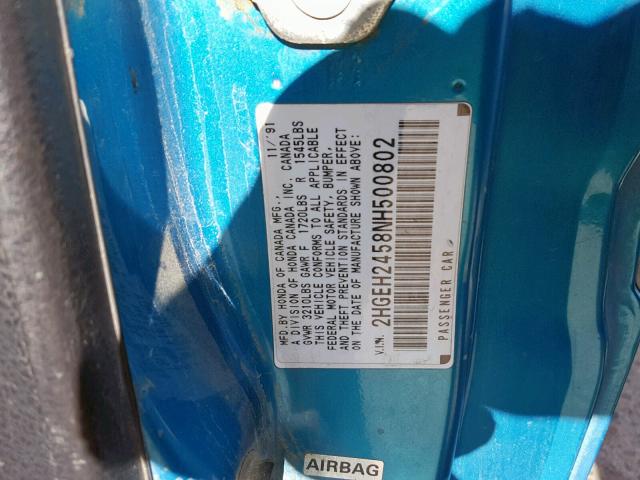 2HGEH2458NH500802 - 1992 HONDA CIVIC DX TEAL photo 10