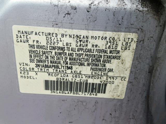 3N1AB6AP8BL717848 - 2011 NISSAN SENTRA 2.0 SILVER photo 10