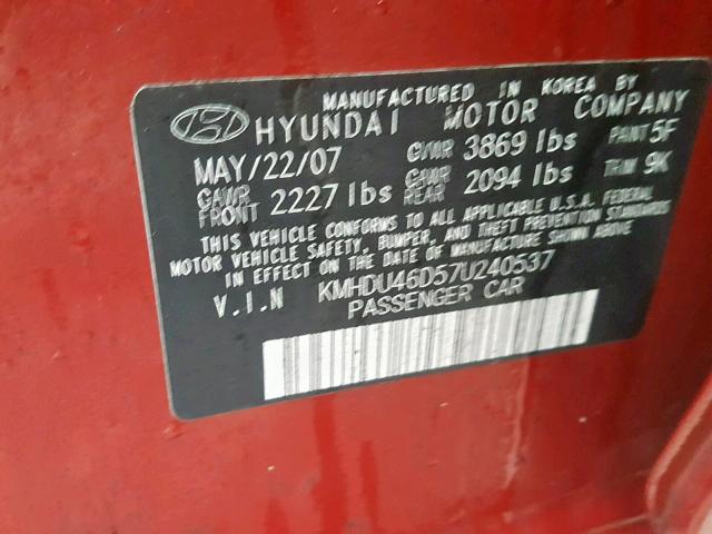 KMHDU46D57U240537 - 2007 HYUNDAI ELANTRA GL RED photo 10