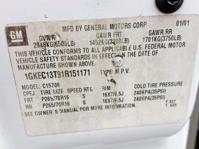 1GKEC13T91R151171 - 2001 GMC YUKON WHITE photo 10