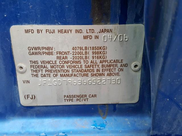 JF1GD79636G522730 - 2006 SUBARU IMPREZA WR BLUE photo 10