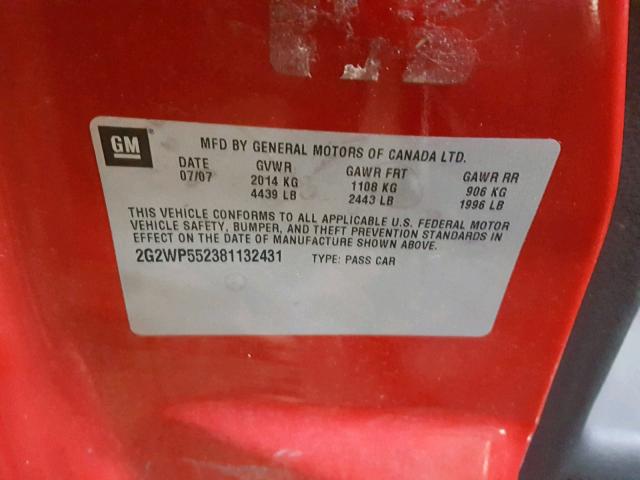 2G2WP552381132431 - 2008 PONTIAC GRAND PRIX RED photo 10