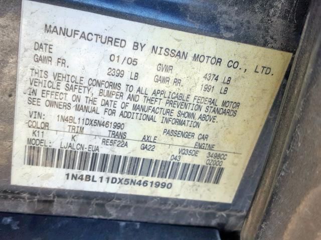 1N4BL11DX5N461990 - 2005 NISSAN ALTIMA SE CHARCOAL photo 10