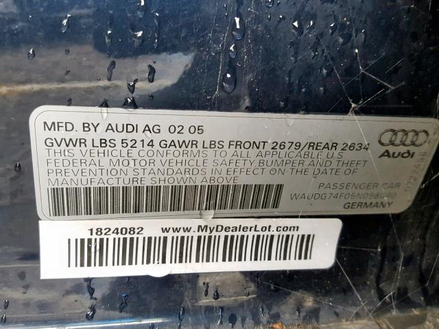 WAUDG74F05N098040 - 2005 AUDI A6 3.2 QUA BLUE photo 10