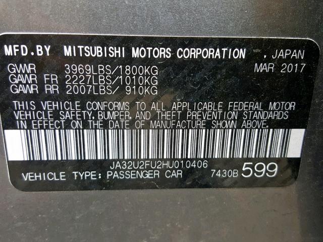 JA32U2FU2HU010406 - 2017 MITSUBISHI LANCER ES GRAY photo 10