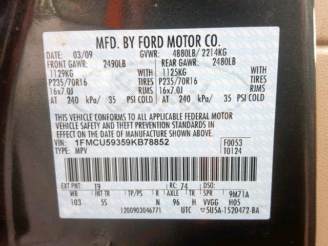 1FMCU59359KB78852 - 2009 FORD ESCAPE HYB CHARCOAL photo 10