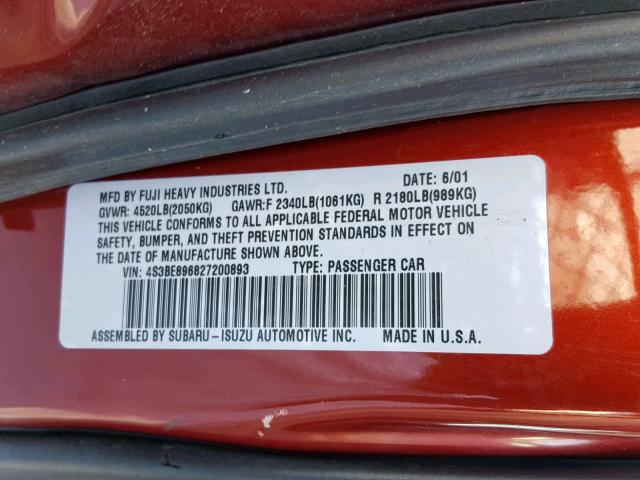 4S3BE896827200893 - 2002 SUBARU LEGACY OUT RED photo 10