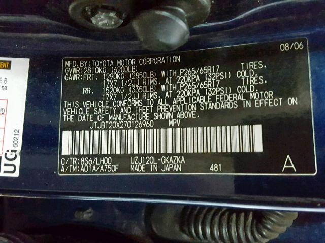 JTJBT20X270126960 - 2007 LEXUS GX 470 BLUE photo 10