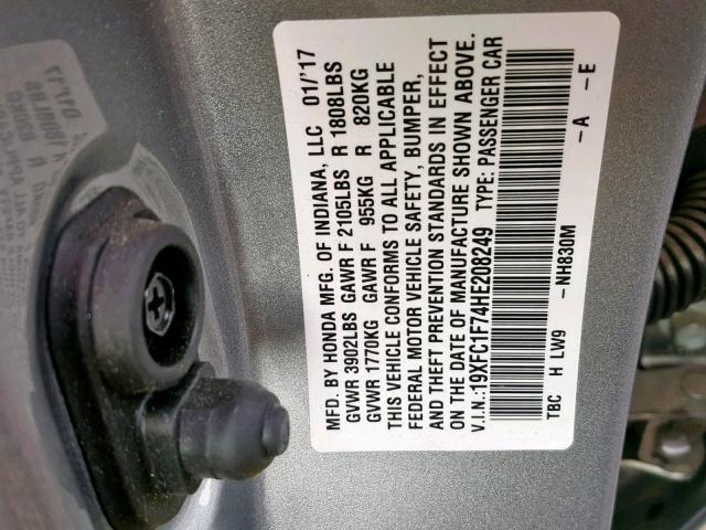 19XFC1F74HE208249 - 2017 HONDA CIVIC EXL SILVER photo 10