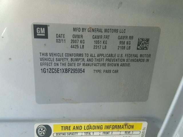 1G1ZC5E1XBF295954 - 2011 CHEVROLET MALIBU 1LT 银色 照片 10